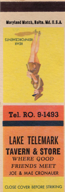 Vintage Lake Telemark Tavern matchbook with pin-up artwork titled Rear Reinforcements
