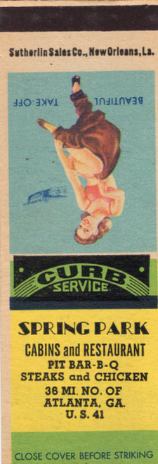 Vintage Spring Park Cabins matchbook showing curb service graphics and Beautiful Take-Off pin-up illustration
