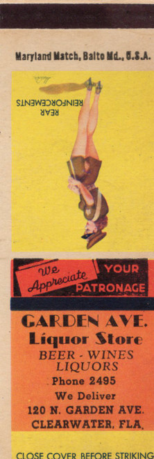 Vintage Garden Ave Liquor Store Clearwater Florida matchbook with pin-up artwork titled Rear Reinforcements