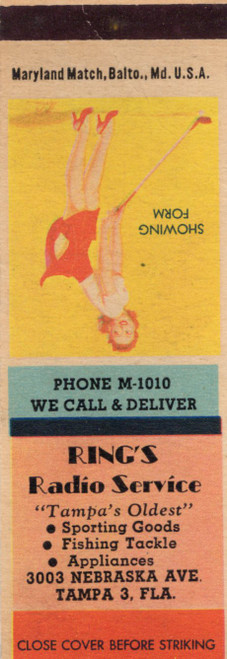 Vintage Rings Radio Service Tampa Florida matchbook with pin-up artwork titled Showing Form
