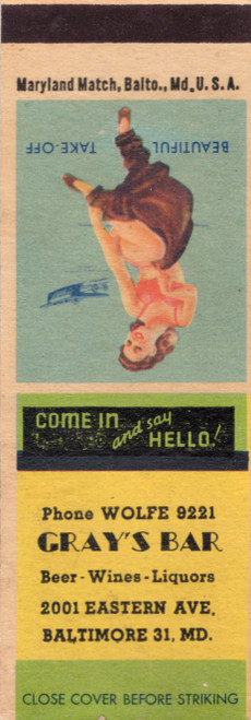 Vintage Baltimore matchbook advertising Grays Bar with pin-up artwork titled Beautiful Take-Off