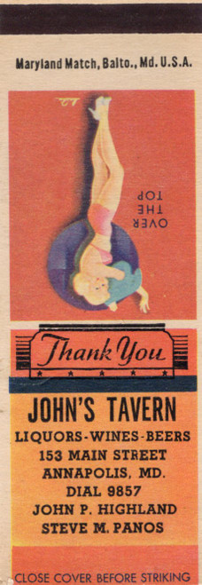 Vintage Annapolis matchbook from Johns Tavern featuring the pin-up artwork Over the Top