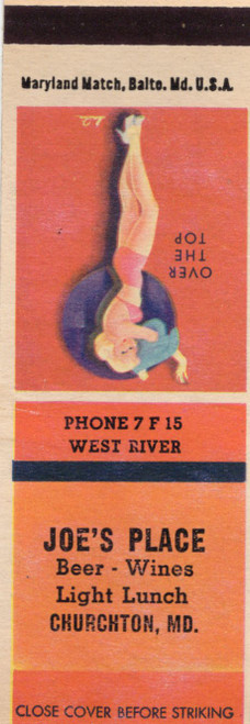 Vintage Maryland matchbook from Joes Place in Churchton Maryland featuring the pin-up artwork Over the Top
