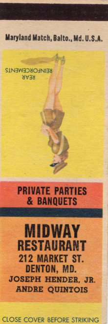 Vintage Maryland matchbook from Midway Restaurant in Denton Maryland featuring the pin-up artwork Rear Reinforcements