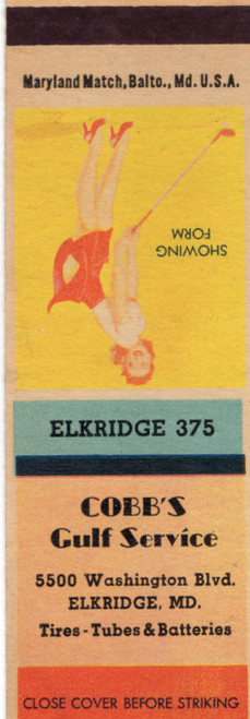 Vintage Maryland matchbook from Cobbs Gulf Service in Elkridge Maryland featuring the pin-up artwork Showing Form