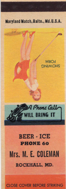 Vintage Maryland matchbook from Mrs M E Coleman in Rock Hall Maryland featuring the pin-up artwork Showing Form
