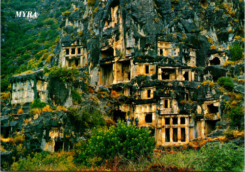 Postcard showing the Lycian rock tombs at Myra in Turkey