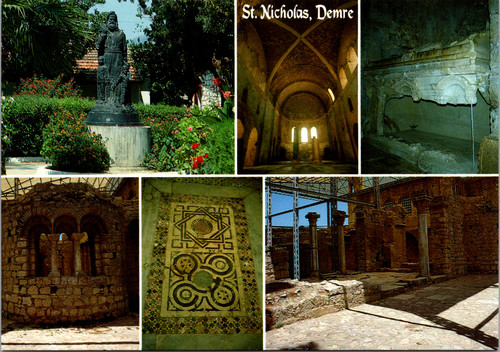 Modern oversize postcard showing Church of St Nicholas in Demre Antalya Turkey with interior and exterior views