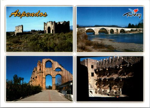 Modern oversize postcard showing Aspendos Turkey with Roman theatre aqueduct and ancient ruins