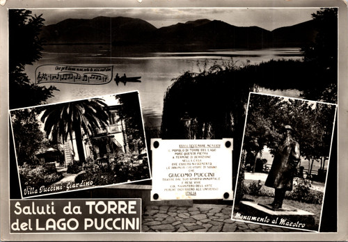 Vintage postcard of Torre del Lago Puccini Italy showing composer memorial views