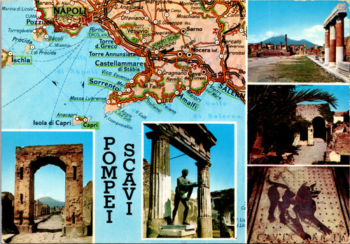 Vintage multiview postcard of Pompeii ruins and Bay of Naples map Italy