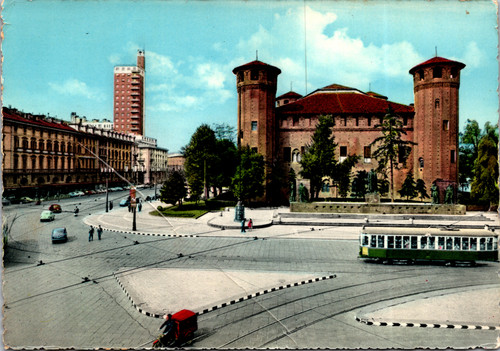 Vintage postcard of Piazza Castello and Palazzo Madama in Torino Italy with streetcar