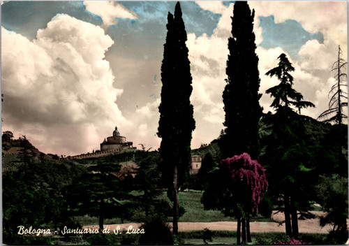 Vintage postcard of Santuario di San Luca overlooking Bologna Italy with cypress trees