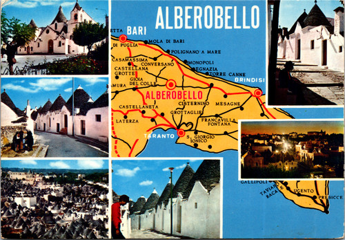 Vintage multiview postcard of Alberobello Italy with trulli houses and regional map