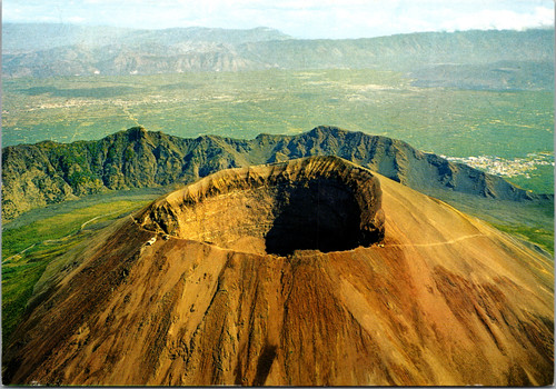 Vintage postcard showing aerial view of Mount Vesuvius crater Italy