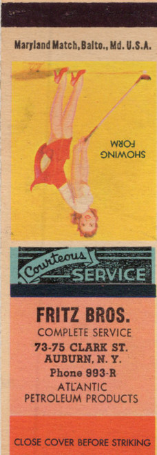 Vintage Fritz Bros Auburn New York service station matchbook featuring pin-up artwork titled Showing Form