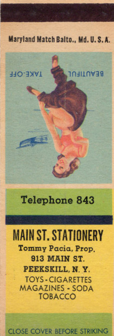 Vintage Main St. Stationery Peekskill New York matchbook featuring pin-up artwork titled Beautiful Take-Off