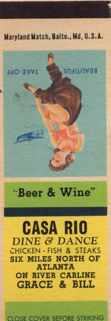 Vintage pin up matchbook featuring Beautiful Take Off artwork advertising Casa Rio dine and dance venue north of Atlanta