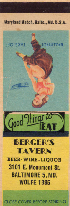 Vintage pin-up matchbook flat titled Beautiful Take-Off advertising Bergers Tavern Baltimore Maryland