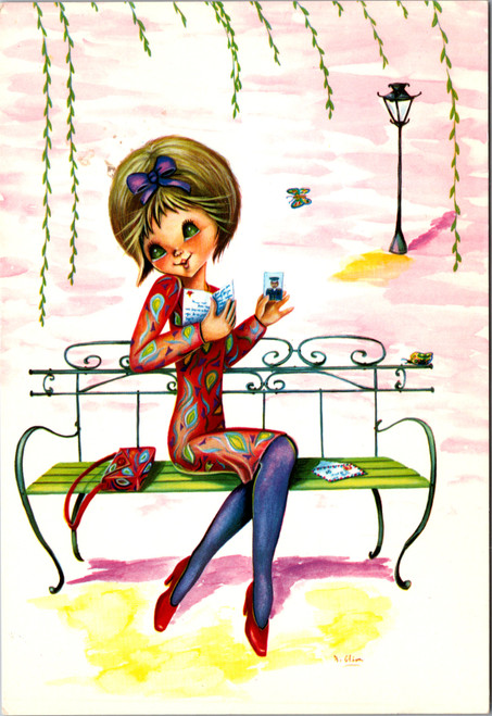 Big eye girl seated on bench holding letter