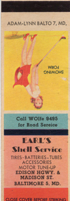 Vintage pin-up matchbook flat titled Showing Form advertising Earls Shell Service Baltimore Maryland