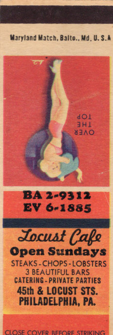 Vintage Locust Cafe matchbook cover advertising steaks chops lobsters and catering at 45th and Locust Streets in Philadelphia Pennsylvania produced by Maryland Match