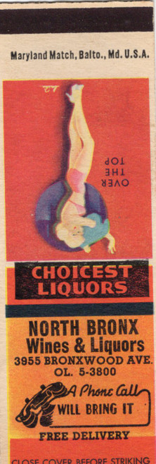 Vintage pin-up matchcover Over the Top North Bronx Wines and Liquors Bronx New York Maryland Match