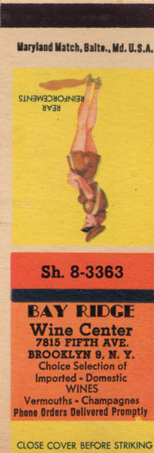 Vintage pin-up matchcover Rear Reinforcements Bay Ridge Wine Center Brooklyn New York Maryland Match