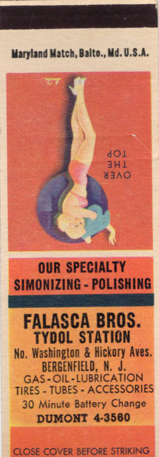Vintage pin up matchcover Over The Top Falasca Bros Tydol Station Bergenfield New Jersey Maryland Match