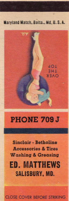 Vintage Salisbury Maryland Ed Matthews Sinclair Betholine matchcove