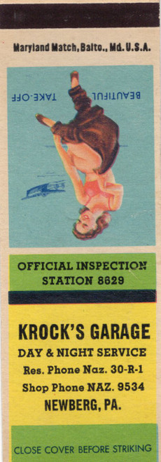Beautiful Take Off pin up matchcover Krocks Garage Newberg PA