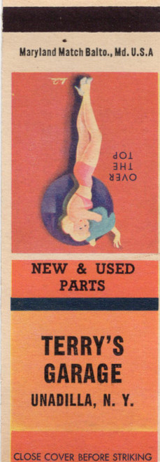 Vintage Terrys Garage Unadilla NY matchcover featuring Over The Top pin-up artwork