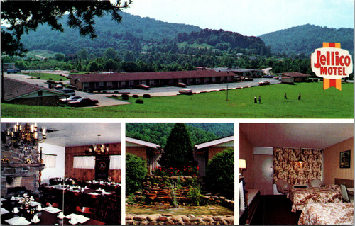 Vintage chrome postcard showing Jellico Motel and Restaurant in Jellico Tennessee with mountain setting and interior views