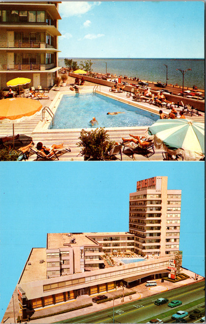 Vintage chrome postcard Lake Tower Motel Chicago Illinois with rooftop pool and Lake Shore Drive building