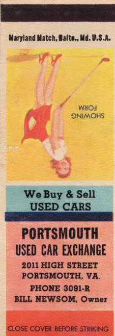 Vintage Portsmouth Used Car Exchange Virginia matchcover with Showing Form pin up artwork
