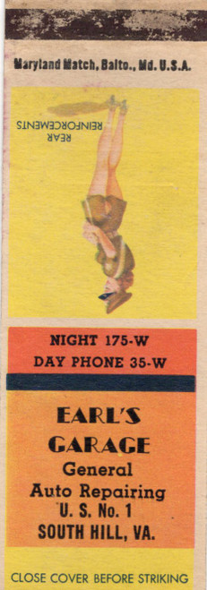 Vintage Earls Garage South Hill Virginia matchcover with Rear Reinforcements pin up artwork