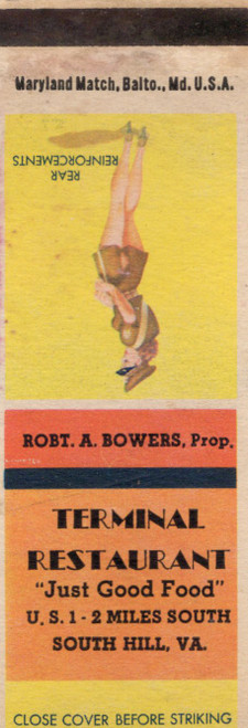 Vintage Terminal Restaurant South Hill Virginia matchcover with Rear Reinforcements pin up artwork