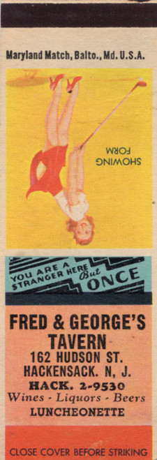 Vintage pin up matchcover Showing Form Fred and Georges Tavern Hackensack New Jersey Maryland Match