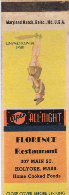 Vintage pin-up matchbook flat Rear Reinforcements advertising Florence Restaurant Holyoke Massachusetts