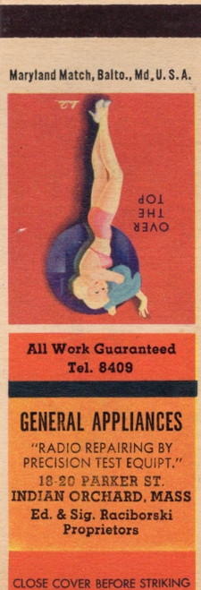 Vintage pin-up matchbook flat Over the Top advertising General Appliances Indian Orchard Massachusetts