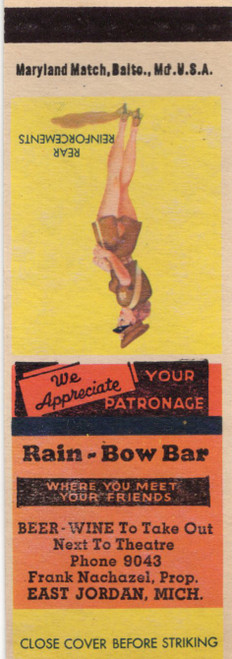 Vintage pin-up matchbook flat Rear Reinforcements advertising Rain-Bow Bar East Jordan Michigan