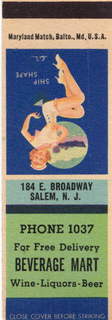 Vintage pin up matchcover Ship Shape Beverage Mart Salem New Jersey Maryland Match