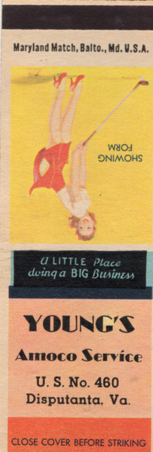 Vintage Youngs Amoco Service Disputanta VA matchcover with Showing Form pin up golfer illustration