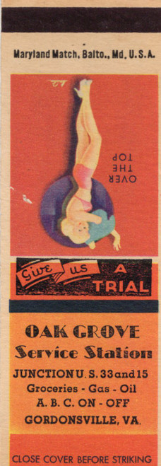 Vintage Oak Grove Service Station Gordonsville VA matchcover with Over The Top pin up illustration