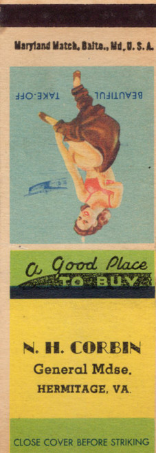 Vintage N H Corbin Hermitage Virginia matchcover with Beautiful Take Off pin up illustration