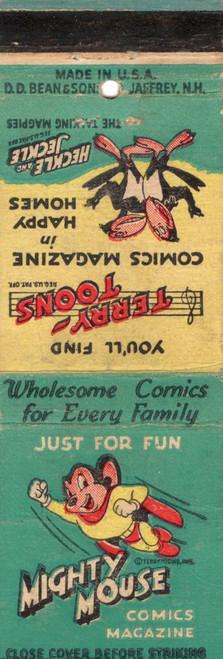 Vintage Terry Toons matchbook featuring Mighty Mouse and Heckle and Jeckle Comics Magazine promotion