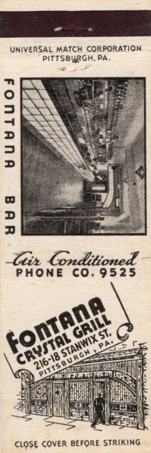 Vintage Fontana Crystal Grill matchcover Pittsburgh PA Fontana Bar exterior and interior illustration Universal Match Corp