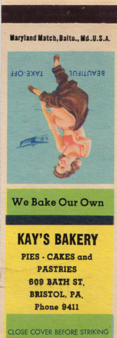 Kays Bakery Bristol PA matchcover with Beautiful Take-Off pin-up illustration