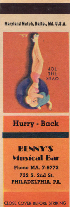 Vintage pin up matchbook Over The Top Bennys Musical Bar Philadelphia