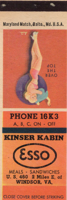 Vintage Kinser Kabin Esso Windsor Virginia matchcover with Over the Top pin up artwork and U S 460 advertising